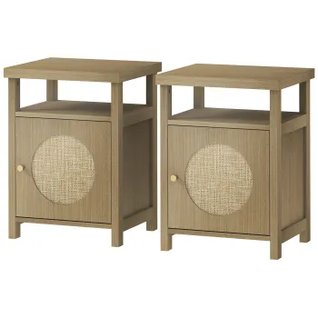 HOMCOM Set de 2 noptiere inguste masa auxiliara compartiment deschis dulap finisaj ratan, 40 x 35 x 55 cm maro | Aosom Romania imagine