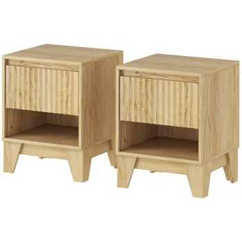 HOMCOM Set de 2 noptiere inguste, masuta auxiliara compartiment deschis 1 sertar, panouri canelate 43x40x55cm natural | Aosom Romania imagine