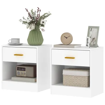 HOMCOM Set de 2 Noptiere Moderne cu Sertar si Raft Deschis din Pal Melaminat, 39x28x41 cm, Alb | Aosom Romania imagine