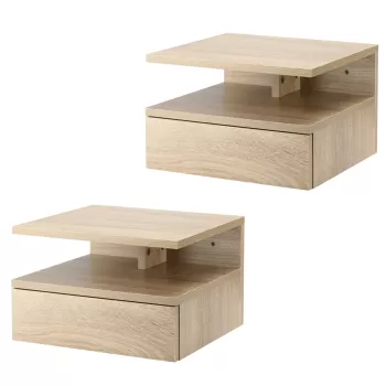 HOMCOM Set de 2 Noptiere Moderne Suspendate pentru Dormitor cu Sertar si Blat din Lemn 35x32x22.5cm, Stejar imagine