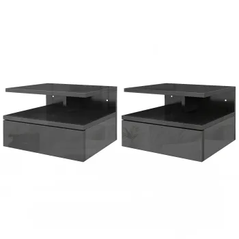 HOMCOM Set de 2 Noptiere Moderne Suspendate pentru Dormitor cu Sertar si Raft, 35x32x22,5 cm, Negru Lucios | Aosom Romania imagine