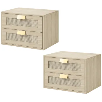 HOMCOM Set de 2 noptiere murale, noptiere suspendate cu 2 sertare si blat cu efect ratan, stejar | Aosom Romania imagine