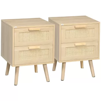 HOMCOM Set de 2 Noptiere pentru Dormitor, Noptiere Stil Boho Elegante cu 2 Sertare, 40x40x56cm, Culoare Lemn Natur imagine