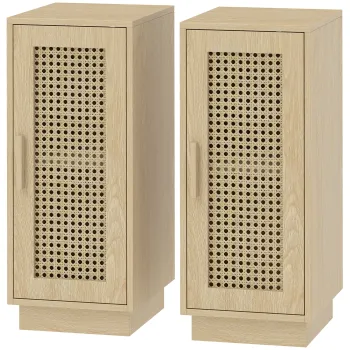 HOMCOM Set de 2 Noptiere, Polita Reglabila si Usa din Rasina Impletita, Stil Boem, 25 x 30 x 60 cm, Lemn Natural | Aosom Romania imagine