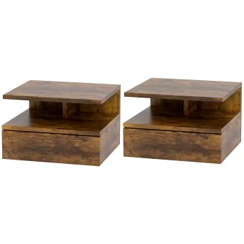 HOMCOM Set de 2 Noptiere Suspendate cu Sertar si Polita Superioara, 35x32x22.5 cm, Lemn Natural | Aosom Romania imagine