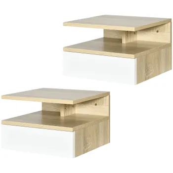 HOMCOM Set de 2 Noptiere Suspendate cu Sertar si Polita Superioara, Noptiere Moderne din Lemn, 35x32x22.5 cm, Lemn Natural | Aosom Romania imagine