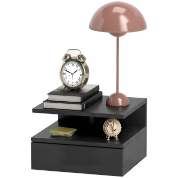 HOMCOM Set de 2 Noptiere Suspendate cu Sertar si Raft Superior din Lemn, 35x32x22,5 cm, Negru | Aosom Romania imagine