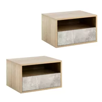 HOMCOM Set de 2 Noptiere Suspendate din Lemn cu Sertar si Etajera Deschisa, Design Modern 45x35x27.5cm, Gri si Culoare Lemn imagine