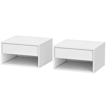 HOMCOM Set de 2 noptiere suspendate, noptiere, sertar, compartiment deschis, blat, 37 x 32 x 21 cm, alb | Aosom Romania imagine