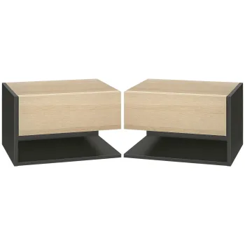 HOMCOM Set de 2 Noptiere suspendate - Set de 2 Noptiere - sertar Culisant, etajera, Bicolore Aspect stejar Negru | Aosom Romania imagine
