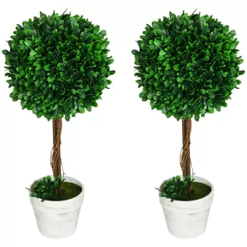 HOMCOM Set de 2 Plante Artificiale Decorative in Forma de Bila cu Frunze de Lemn de Santal, Plante Artificiale pentru Interior/Exterior, 60cm imagine