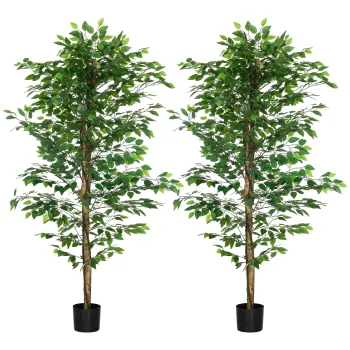 HOMCOM Set de 2 plante artificiale ficus inaltime 1,80 m trunchi crengi lina muschi frunze foarte realiste ghiveci inclus verde | Aosom Romania imagine
