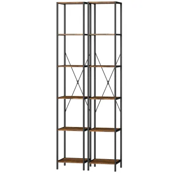 HOMCOM Set de 2 rafturi cu 6 polite, cadru din otel, pentru living, birou, dormitor, Maro-Rustic | Aosom Romania imagine