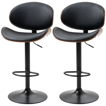 HOMCOM Set de 2 Scaune de Bar cu Spatar Reglabil pe Inaltime, Lemn si Piele Ecologica, 53x52x92-112 cm, Negru | Aosom Romania imagine
