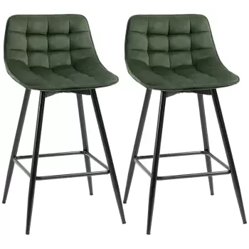 HOMCOM Set de 2 scaune de bar cu spatar si suport pentru picioare, scaune inalte tapitate in stil nordic din metal si catifea, verde, 45x47x88cm imagine