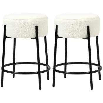 HOMCOM Set de 2 scaune de bar cu suport pentru picioare otel si tapiterie cu efect de lana bouclee inaltime 62 cm alb si negru | Aosom Romania imagine