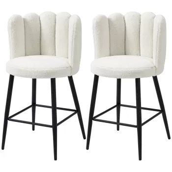 HOMCOM Set de 2 Scaune de Bar Moderne, Scaune de Bar Inalte Tapitate cu Tapiterie din Casmir Artificial, Scaune de Bar pentru Bucatarie cu Spatar, Suport pentru Picioare, Baza din Otel, Crem Alb imagine