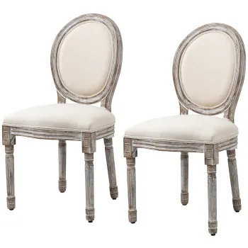 HOMCOM Set de 2 Scaune de Masa Vintage fara Brate, Scaune Laterale Sic Frantuzesc cu Spatar Curbat si Tapiterie din In pentru Bucatarie sau Camera de Zi, Alb-Crem imagine