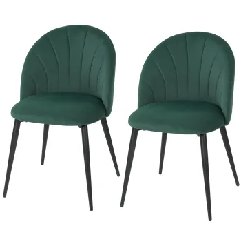 HOMCOM Set de 2 Scaune de Sufragerie din Catifea, Scaune Bucatarie cu Spatar Curbat in Forma de Scoica, Picioare din Metal, Stil Nordic, Scaun Tapitat pentru Bucatarie, Dormitor, Camera de Zi, Verde Inchis | Aosom Romania imagine