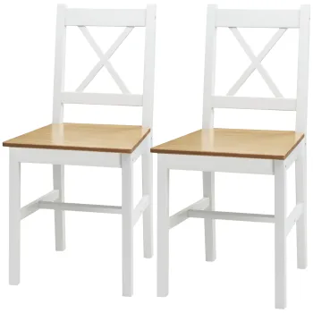 HOMCOM Set de 2 scaune de sufragerie din lemn masiv scaun de bucatarie stil rustic spatar incrucisat alb si stejar | Aosom Romania imagine