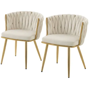 HOMCOM Set de 2 scaune de sufragerie, scaune de bucatarie tapitate din catifea cu spatar impletit si cotiere, crem | Aosom Romania imagine