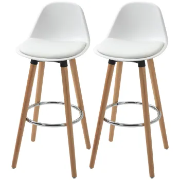 HOMCOM Set de 2 Scaune Inalte de Bar cu Spatar, Scaune Inalte cu Perna si Pernite pentru Picioare, 38,5x42,5x91 cm, Alb | Aosom Romania imagine