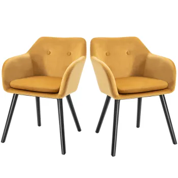 HOMCOM Set de 2 scaune pentru sufragerie cu cotiere, scaune pentru bucatarie tapitate cu catifea cu picioare din lemn, scaune pentru birou si sufragerie, 54x56x74cm, galben imagine