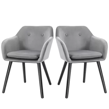 HOMCOM Set de 2 scaune pentru sufragerie cu cotiere, scaune pentru bucatarie tapitate cu catifea cu picioare din lemn, scaune pentru birou si sufragerie, 54x56x74cm, gri imagine