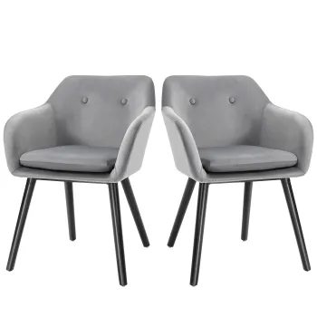 HOMCOM Set de 2 scaune pentru sufragerie cu cotiere, scaune pentru bucatarie tapitate cu catifea cu picioare din lemn, scaune pentru birou si sufragerie, 54x56x74cm, gri imagine
