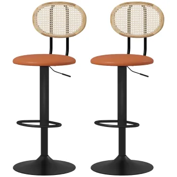 HOMCOM Set de 2 taburete de bar scaune de bar inaltime reglabila cu spatar din ratan si suport pentru picioare, maro | Aosom Romania imagine