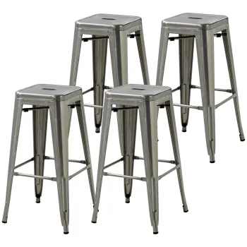 HOMCOM Set de 4 scaune de bar industriale empilabile inaltime sezut 76 cm metal argintiu | Aosom Romania imagine