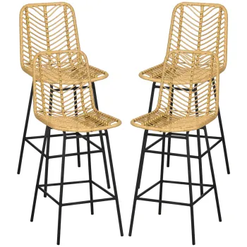 HOMCOM Set de 4 taburete de bar, scaune de bar, spatar impletit si suport pentru picioare, cadru din otel, 42,5x52x102cm, galben | Aosom Romania imagine