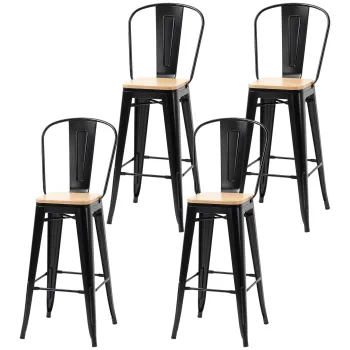 HOMCOM, Set de 4 taburete de bar, stil industrial, cu spatar, suport pentru picioare, inaltime 76 cm, Negru | Aosom Romania imagine