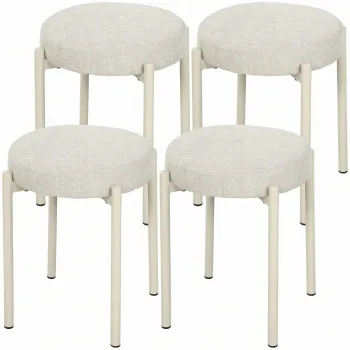 HOMCOM Set de 4 Taburete Stivuite Rotunde cu Sezut Tapitat, fara Spatar, Economisire de Spatiu, 45 x 45 x 47,5 cm, Crem | Aosom Romania imagine