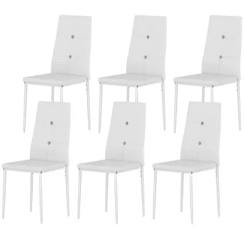 HOMCOM Set de 6 Scaune de Dining Tapizate in PU cu Spatar Inalt cu Butoane si Picioroare de Otel Design Modern Alb | Aosom Romania imagine