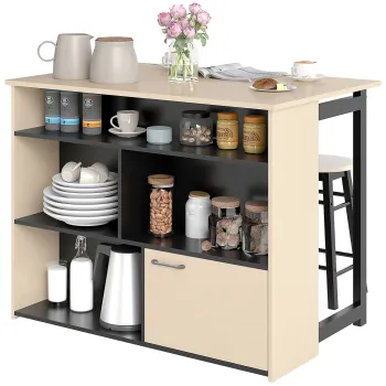 HOMCOM Set de bar 3 piese, Masa de bar cu placa pliabila, 2 scaune de bar, 6 compartimente de stocare, negru+stejar, 116 x 70 x 89,5 cm | Aosom Romania imagine