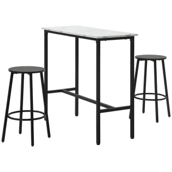 HOMCOM Set de bar pentru 2 persoane, 1 masa cu 2 scaune de bar, placa de masa in aspect de marmura alba, cadru din otel | Aosom Romania imagine