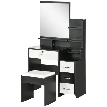 HOMCOM Set de coafare masa de machiaj cu taburet captusit oglinda mare + mai multe rafturi deschise + 4 sertare alb negru | Aosom Romania imagine