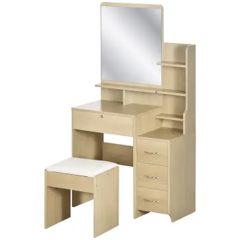 HOMCOM Set de coafare masa de machiaj cu taburet tapitat mare oglinda + rafturi deschise multiple + 4 sertare lemn natural | Aosom Romania imagine