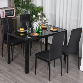 HOMCOM Set de de luat masa 4 Scaune tapitate si 1 Masa pentru sala de mese pentru 4 persoane din metal sticla PU negru imagine