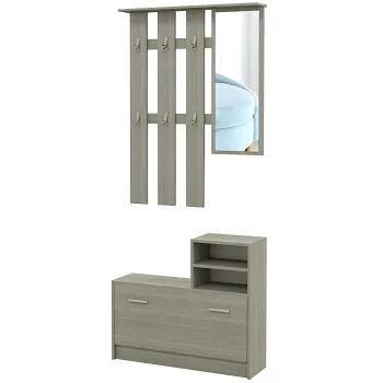 HOMCOM Set de Depozitare 4-in-1 pentru Hol, Cuier de Perete cu Oglinda, Banca pentru Incaltaminte, 85x15x110 cm, Gri | Aosom Romania imagine