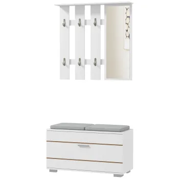 HOMCOM Set de Depozitare pentru Hol 4-in-1, Cuiere, Oglinda, Banca pentru Incaltaminte cu Scaun, 85x35x49 cm, Alb | Aosom Romania imagine