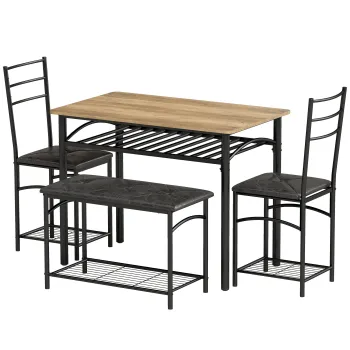 HOMCOM Set de dining 4 piese, masa de bucatarie in stil industrial cu 2 scaune si banca pentru 4 persoane, scaune tapitate cu piele PU, maro | Aosom Romania imagine
