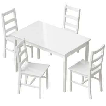 HOMCOM Set de dining 5 piese pentru 4 persoane, masa dreptunghiulara si scaune din lemn masiv, pentru spatii mici, alb | Aosom Romania imagine