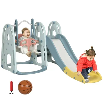 HOMCOM Set de Joaca pentru Copii cu Leagan, Tobogan, Cos de Baschet si Scara, 150x190x100 cm, Multicolor | Aosom Romania imagine