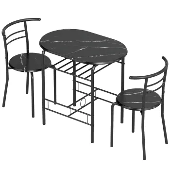 HOMCOM Set de luat masa 3 piese, masa de bucatarie si scaune pentru 2 persoane cu raft, living, aspect marmorat negru | Aosom Romania imagine
