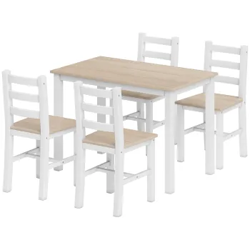 HOMCOM Set de luat masa 5 piese pentru 4 persoane, masa in stil country si scaune din lemn masiv, Natural/Alb | Aosom Romania imagine
