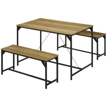 HOMCOM Set de masa cu 2 banci cadru din otel pentru 4 persoane pentru bucatarie sala de mese salon natural si neagra | Aosom Romania imagine