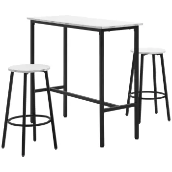 HOMCOM Set de Masa de Bar cu 3 Piese, Set de Masa Modern de Luat Masa pentru 2 Persoane cu Scaune cu Cadru din Otel Robust,Suport pentru Picioare,Alb imagine