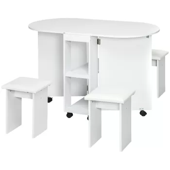 HOMCOM Set de masa pliabil pentru 4 persoane, set de masa de 5 piese cu frunze cu scaune de sufragerie tapitate, masa de bucatarie mobila cu rafturi de depozitare si 6 roti, alb imagine